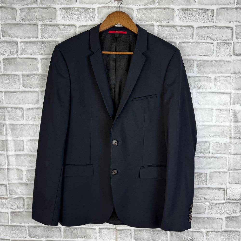 Hugo Hugo Boss Mens Blazer Solid Black 2 Button Slim Sport Coat 40R Wool Blend